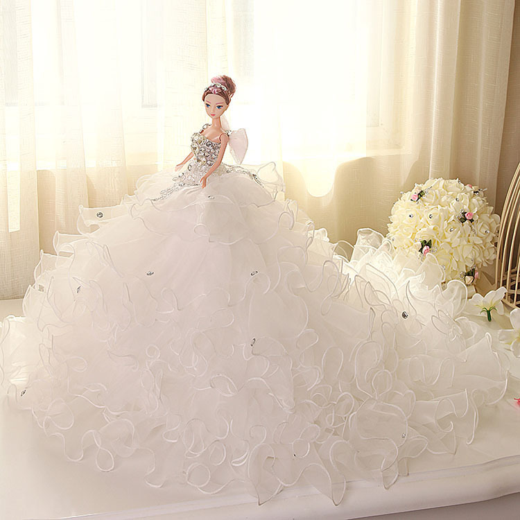 Doll + Wedding Dress / Luxury White Lace Bride Wedding Doll Multi-layer Big Trailing Evening Gown For Kurhn Barbie Doll Gift