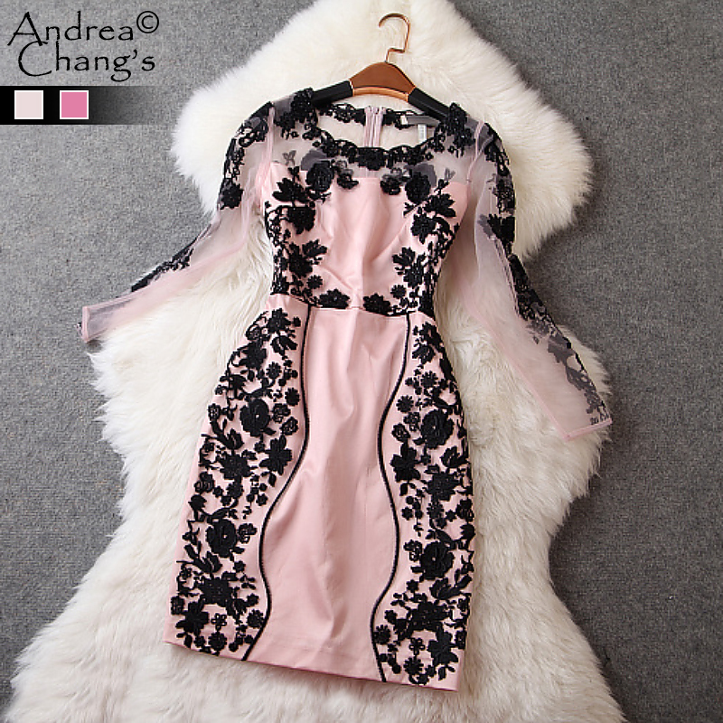 2014 autumn winter designer women's dresses pink fushcia gauze black flower beading embroidery fashion vintage brand event dress