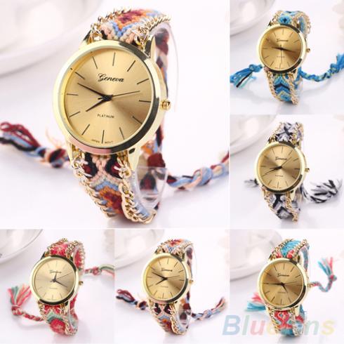 New Women's Geneva Ethnic Cotton Blend Braided Analog Quartz Chain Bracelet Wrist Watch 1S3A