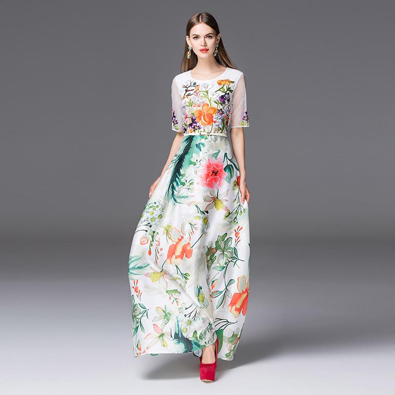 Desigual Brand Dress New 2016 Spring Summer Fashion Half Sleeve Mesh Embroidery Flower Chiffon Print Maxi Long Dress