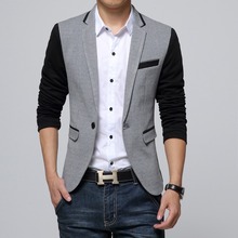 New Slim Fit Casual jacket Cotton Men Blazer Jacket Single Button Gray Mens Suit Jacket 2014 Autumn Patchwork Coat Male Suite