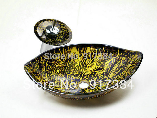 Gran hoja dorado vessel lavabo lavabo de cristal templado con ...