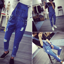 2016 hot sell new spring summer blue jeans rompers female hole spaghetti strap jumpsuit Women casual jeans jumpsuits