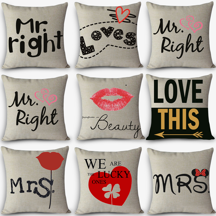 High quality cheap pillows LOVE MR MRS RIGHT Print Home Decorative Cushion Vintage Cotton Linen Square Throw Pillow MYJ-G7