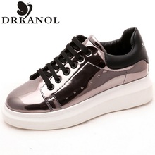 2016 spring summer thick bottom women casual shoes fashion patent leather comfortable low top lace up flat shoes chaussure femme