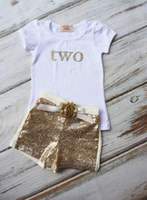 Birthday Outfit- Baby Girls Birthday Clothes- Cake Smashing Outfit-Gold shirt and Sequin Shorts- Glitter Gold Birthday Shirt
