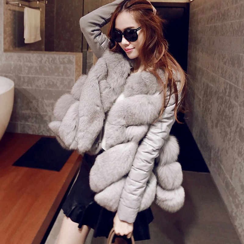 2015 winter new style warm fur coat fox fur coat pu sleeve loose cape coats medium long overcoat large size womens