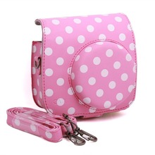 Vintage Instax Mini 8 Camera Case Bag With Film Count Show, PU Leather, Pink With White Dots