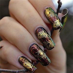 New beautiful women s Gold Peacock Feather nail Stickers Decals Nail Art tip decoration free shipping