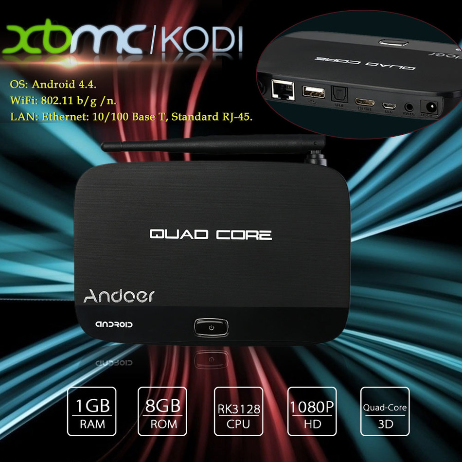 Andoer F7 Android 4.4 Smart TV Box Media Player 1080P H.265 RK3128 Quad-Core 1G/8G Mini PC 3D Kodi XBMC Miracast DLNA WiFi LAN