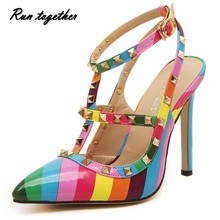 Free shipping New women pumps summer fashion sexy rivets pointed toe wedding party high heeled shoes women sandals size 35-41