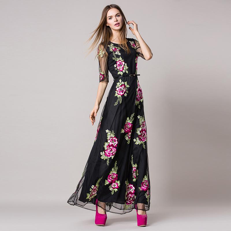 Luxury Dress 2016 Summer Fashion Brand Half Sleeve Runway Flower Embroidery Hollow Out Mesh Slim Belt Black Maxi Dress