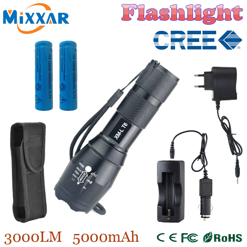 RUzk5 T6 3000 lumens adjustable led flashlight high power TORCH+Car Charger+AC Charger+2*18650 5000mAh battery + Holster pouch