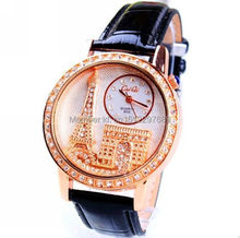 New fashion luxury brand Exquisite Women Watch Gogoey Emboss Eiffel Tower Rhinestone dress quartz leather strap