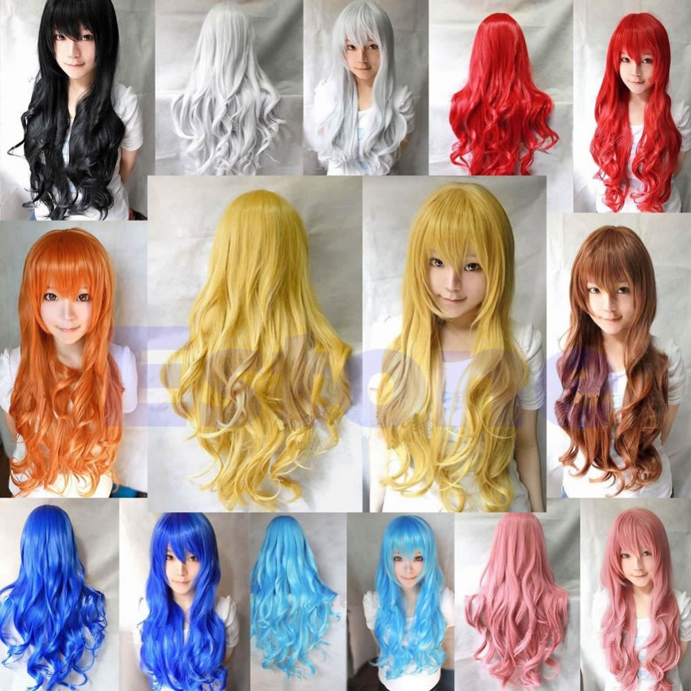 Free Shipping 1pc 12color Heat Resistant 80cm Long Wavy Curly Cosplay Wigs Full Wig Fancy Dress