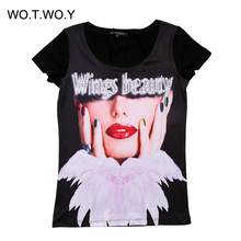 2016 Elegant Wing Beauty Letter Print T-shirt Women Fashion High Elastic Women Character Appliques O Neck Tee Shirt Femme