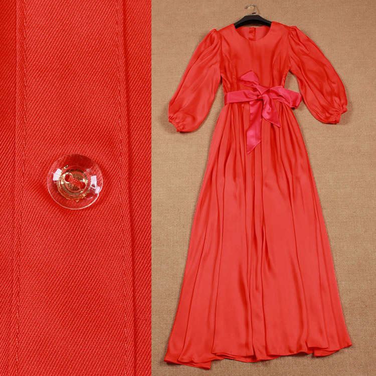 High Quality! 2015 Fashion Ladies Elegant Floor-Length Lantern Sleeve Empire Vintage Red Long Dress With Belt