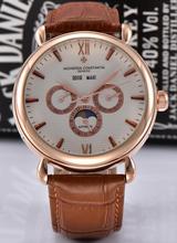 Cuero marrón Mechanocal hombres de acero inoxidable VC movimiento automático del reloj para hombre auto viento relojes de pulsera