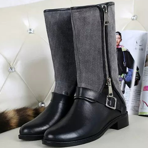 Fashion Winter Boots Comfort Warm Boots Side Zipper Combat Boots Pure Black Leather Shoes Woman Buckle Square Heel Women Boots