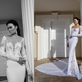 2015 Sheer Lace Long Sleeves Mermaid Wedding Dress Backless Cathedral Long Train Couture Tulle Wedding Gowns