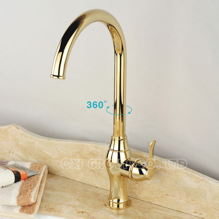Фотография Free Shipping Gold Faucet Water Tap Single Hole Basin Faucet Gold Plated Bathroom Mixer Faucet Bathroom torneira banheiro