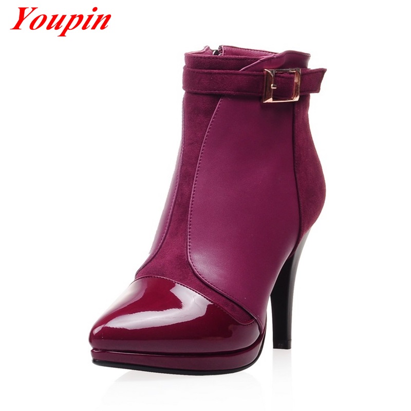 Patent leather mixed colors pumps metal decoration 2015 Autumn winter Warm comfortable leisure Black Wild section Winter boots