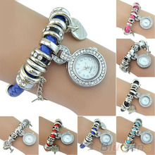 Women s Rhinestone Heart Charm Wrist Watch Faux Leather Braided Strap Bracelet