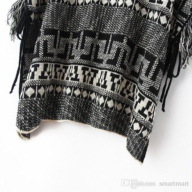  Women Stylish Geometry Vintage Tassels Batwing Sleeve Knitting Capes Tops Gray Outwears Loose Fall Winter Sweaters