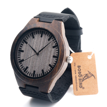Men Wood Watch Quartz Movement Black Soft Genuine Leather Strap with Original Gift Box for Christmas Gift