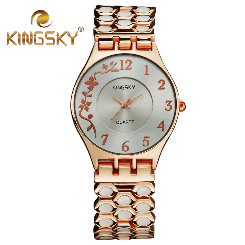 2015 Hot Kingsky Women Quartz Chain Watch Alloy White Dot Brand Flora Female Wrist Rose Gold