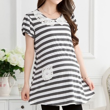 Fashion Maternity Clothing Summer One-piece T-shirt Mother Short-sleeve Maternity Top For Pregnant Women Stripe Blouse One Size