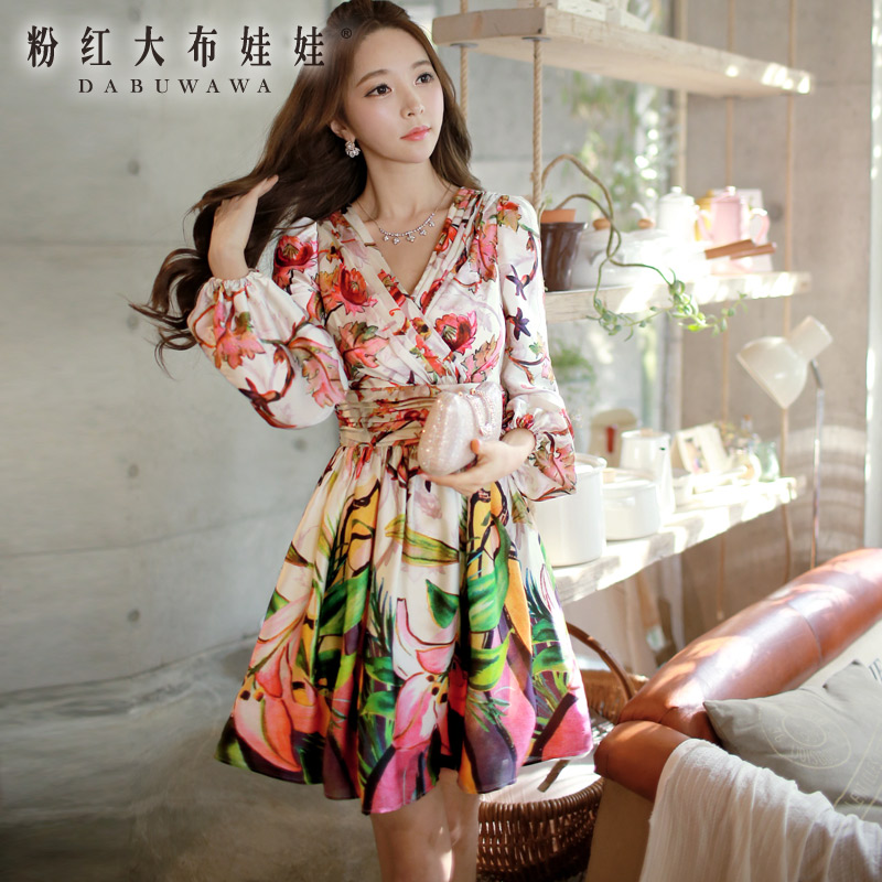 Long sleeved dress pink doll 2015 new spring printing large swing significantly thin sweet dress