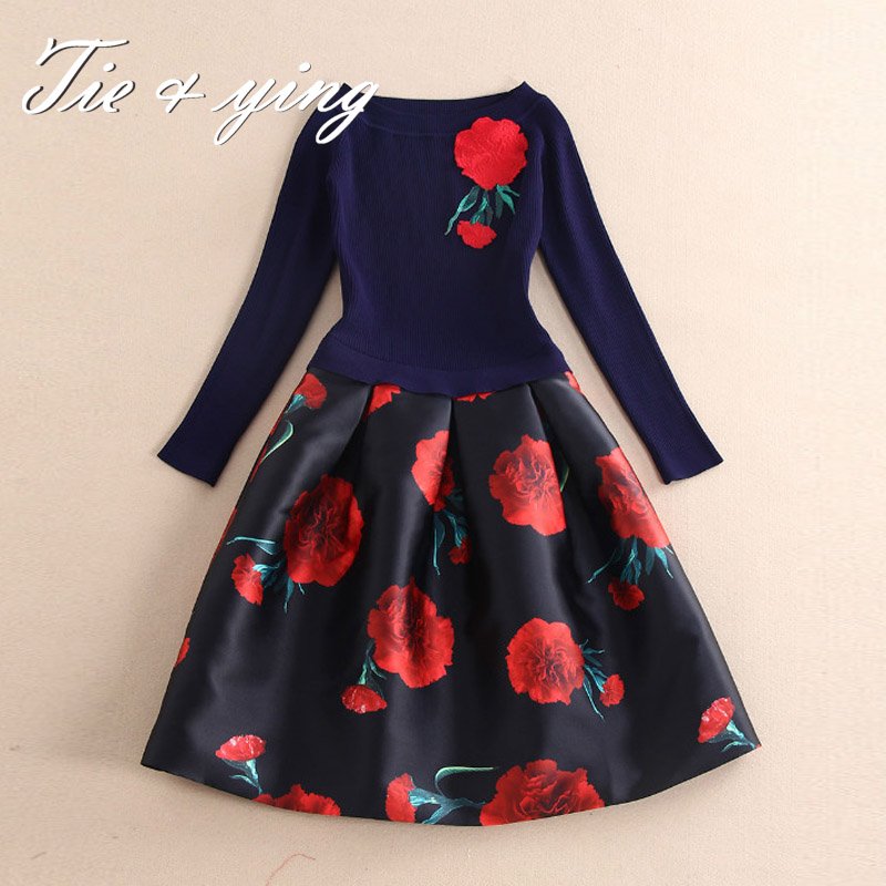 New designer dresses 2016 women high quality bule knitted royal embroidery flowers  runway luxury ball gown elegant party dress