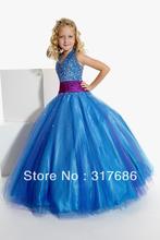 Royal blue halter beaded sash ball gown long organza kids pageant dresses for sale