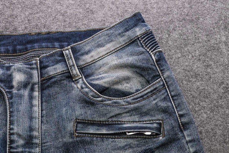 Men Jeans Hot Sale Slim Low 2015 New Punk Locomotive BalMan Jeans Embroidered Patch Tattered Knee-level Folding Laundry Mens
