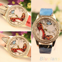 Women s Retro Rhinestone High Heeled Shoe Printed Faux Leather Wrist Watch 6L8D