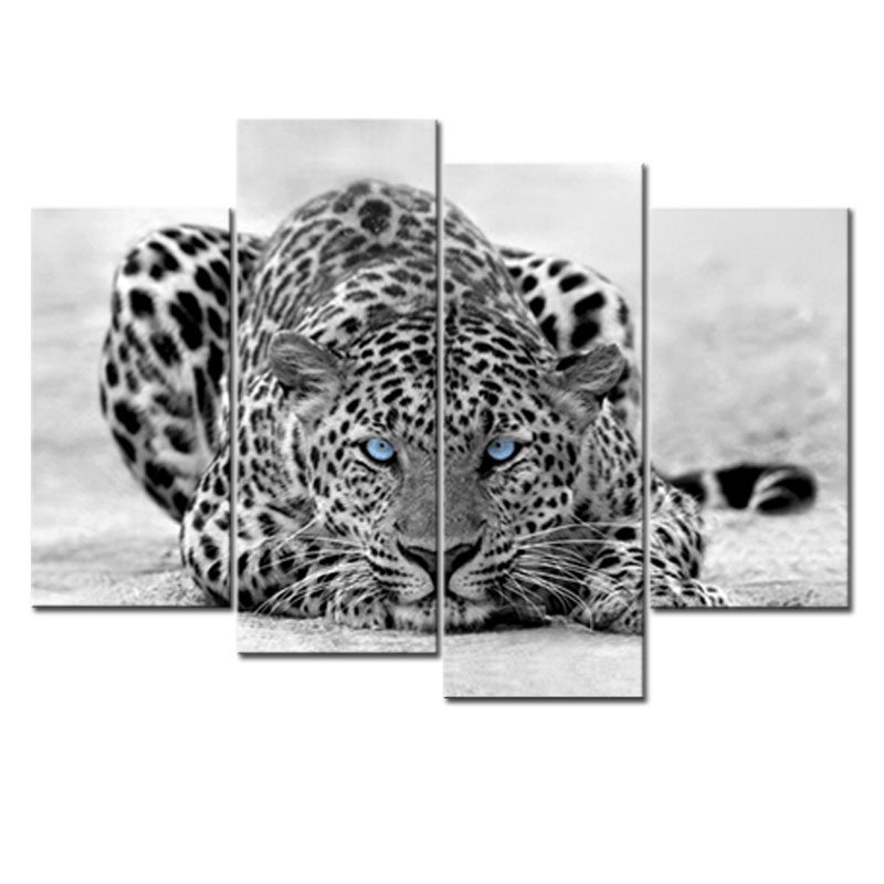 4 Pieces Black & White Wall Art Painting Blue Eyed Leopard Prints On Canvas The Picture With Wooden Framed For Home Decoration