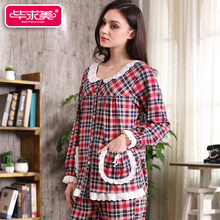 New 2016 Women Pajama Set 100% Knitted Cotton Lace Full Sleeve Pyjamas Sleepwear Casual Plaid Round Neck Sleep Lounge Hot Sale