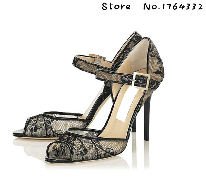 Lace sandals Navy Lace Peep Toe buckle Sandals Clearance JC high heel ...