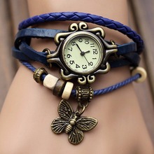Lackingone 2015 New Fashion relogio feminino leather women Vintage Hand Knit bracelet watch butterfly pendant quartz