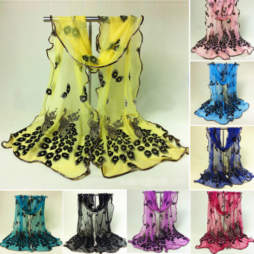 ODEMA 2015 Fashion Women Ladies Peacock Lace Voile Chiffon Neck Scarf Soft Wrap Shawl Stole Chiffon