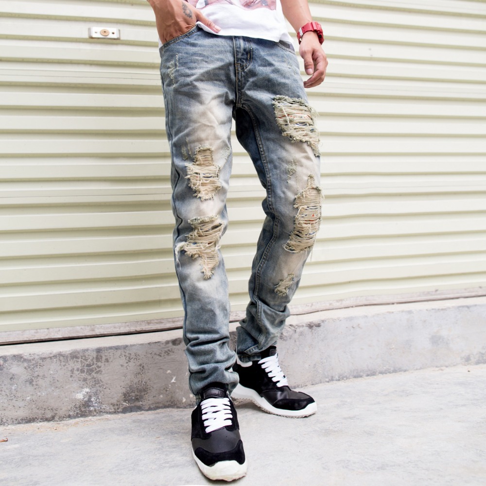 2014 New Famous Brand Vintage Men designer Casual Hole Ripped Jeans Mens Fashion Skinny Denim Pants Silm Fit Male Trou