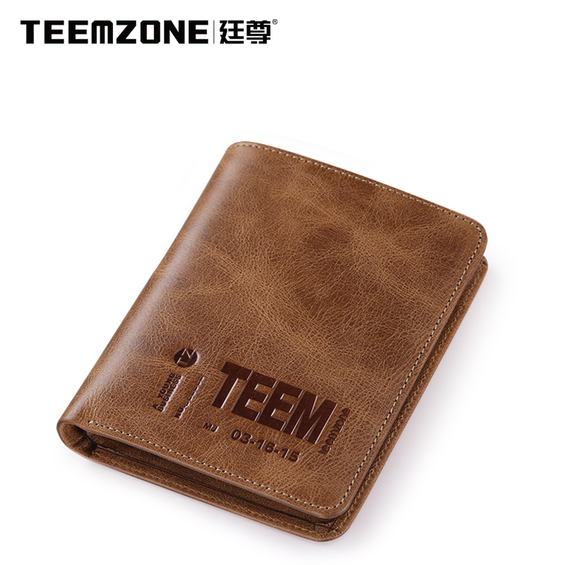 Teemzone leather and denim wallet high-capacity short Wallet Mens head layer cowhide Wallet