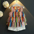 Summer New design fashion children s clothing set girls baby Color multi layer vest coat shorts