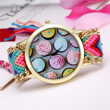 Reloj Geneva Brand Women Quartz Watch Rainbow Fabric Qualitative Strap Alloy Adjustable Length Flower Watches Relogio