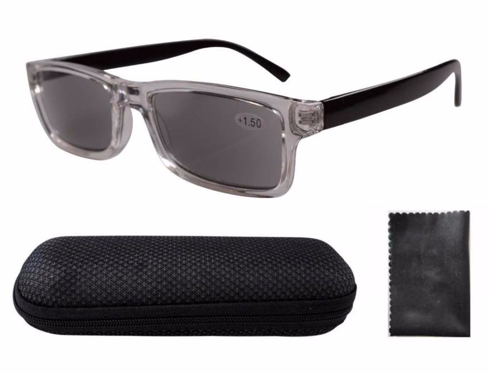 Free Shipping FR003 Clear Plastic Frame Black Arms Grey Tinted Readers Reading Glasses W case