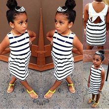 2016 Summer Girls Party Striped Bowknot Ball Gown Baby Kids Fancy Dress 2-7Y