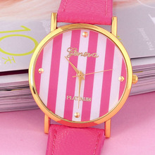 New Classic Geneva Stripes Print PU Leather girl Woman Analog Quartz Wrist Watch Dave student multicolor