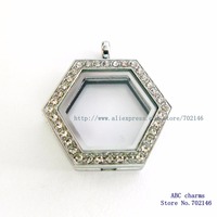 Wholesale Sliver rhinestone Hexagon shaped Copy Stainless Steel Floating Glass Lockets can put floating locket charms