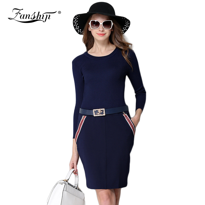 With Belt Casual Women Office Dress 2016 Spring New Women Slim Long-sleeved Stitching Sweater Dress Fashion Female Clothes